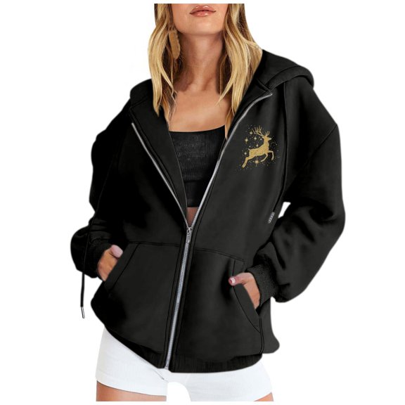 SRZYMJ Women's Zip Up Print Christmas Hooded Sweatshirt Long Sleeve Front Pocket Drawstring Casual Athletic Pullover Jacket For Outdoor And Daily Wear