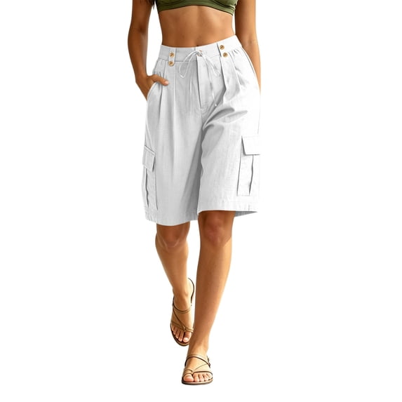 SRZYMJ Womens Bermuda Shorts Knee Length Loose Fit High Waisted Wide Leg Drawstring Work Hiking Cargo Shorts with Pockets