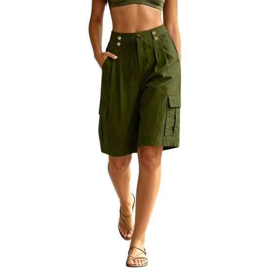 SRZYMJ Womens Bermuda Shorts Knee Length Loose Fit High Waisted Wide Leg Drawstring Work Hiking Cargo Shorts with Pockets