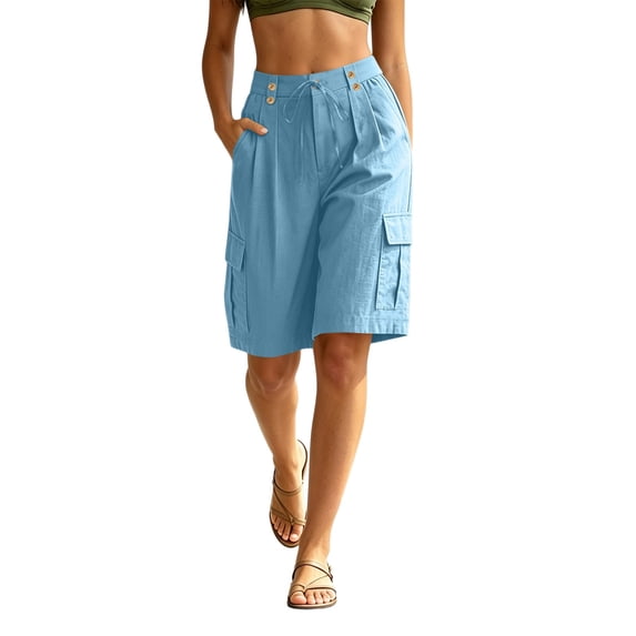 SRZYMJ Womens Bermuda Shorts Knee Length Loose Fit High Waisted Wide Leg Drawstring Work Hiking Cargo Shorts with Pockets