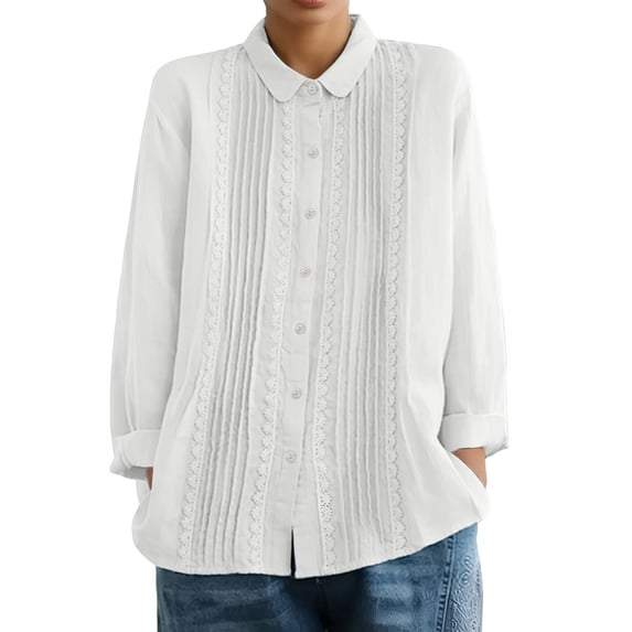 SRZYMJ Womens Button Down Lace Shirts Cotton Dress Shirts Oxford Shirts Long Sleeve Work Blouses Collared Tops Tunics with Pocket