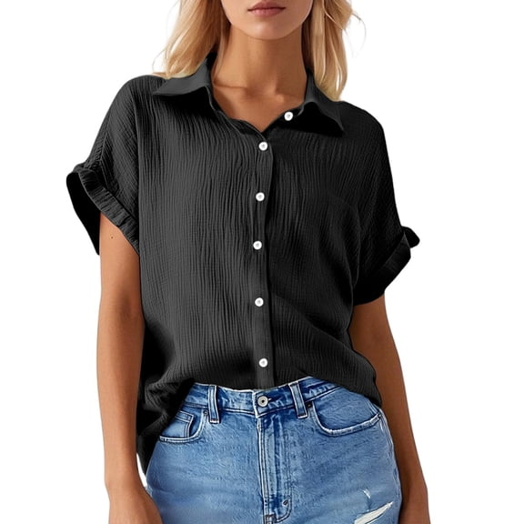 SRZYMJ Womens Button Down Shirts Casual Short Sleeve Dress Shirt Textured Collared Summer Clothes Work Blouse