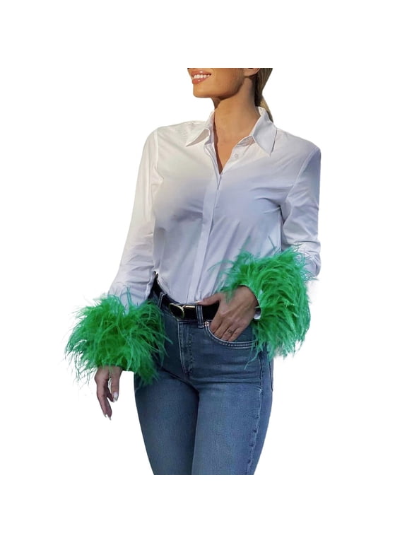 Womens Long Sleeve Feather White Shirts Lapel Button Down Blouse Top Streetwear