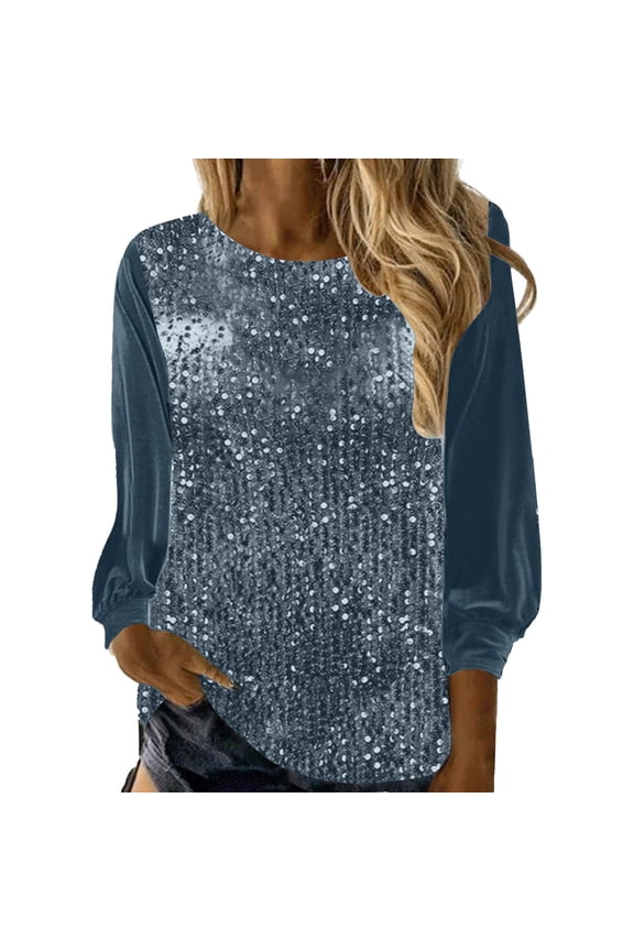 Womens Sparkly Sequin Velvet Tops Dressy Elegant Crew Neck Long Sleeve Shirts Christmas Party Blouse Tunic for Wedding