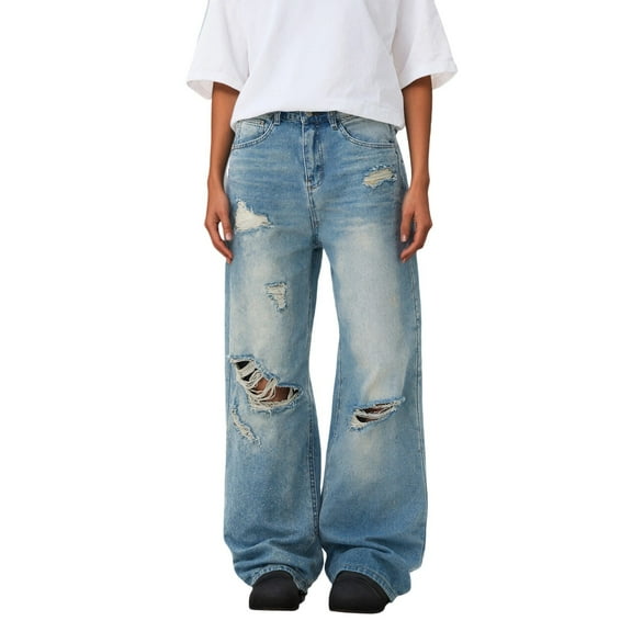 SRZYMJ -Resistant Denim Pants Women's High Waisted Distressed Denim Wide Leg Trousers Loose Fit Casual Streetwear Comfortable Daily Wear Outdoor