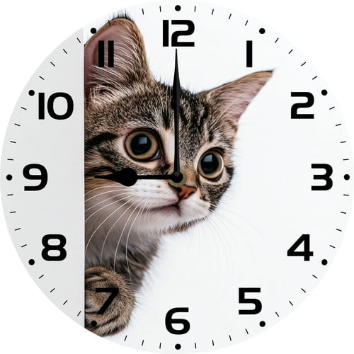 SRongmao Wall Clock Funny Cat Wall Art Round Wooden Battery Operated ...