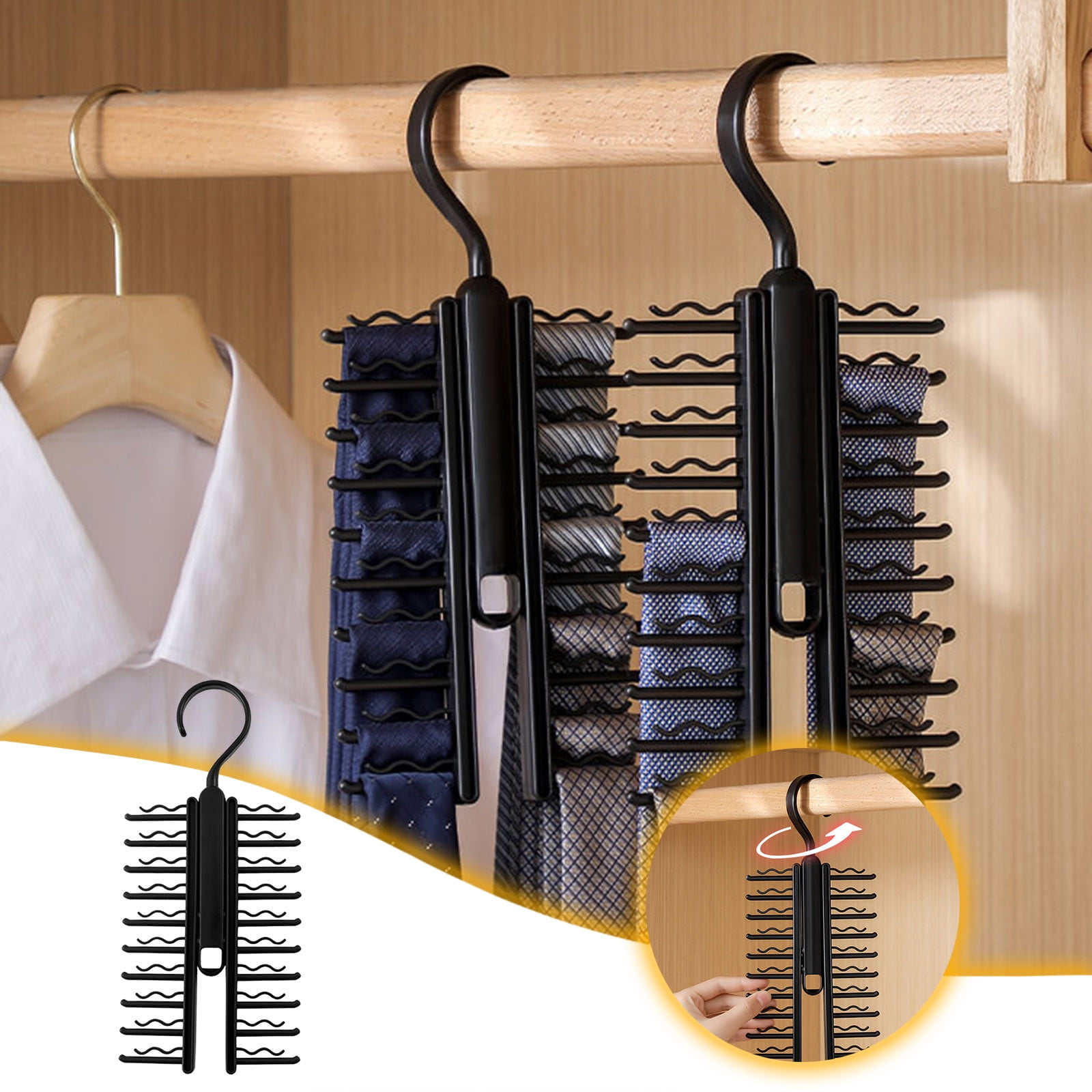 Motorized Tie Rack Collapsible Tie \u0026 Belt Organizer - 10 Hook Space Saving Closet  Hanger Wooden Tie Rack, image size:1600x1600
