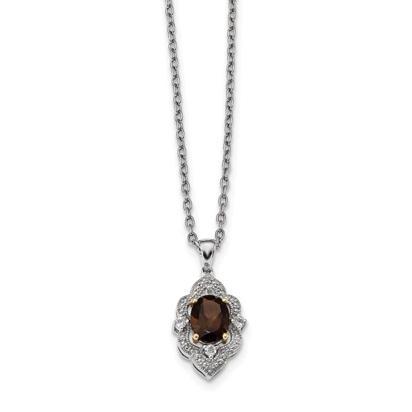 SS & 14K Rhod Plated Smokey Quartz White Topaz and Diamond Necklace in Sterling Silver
