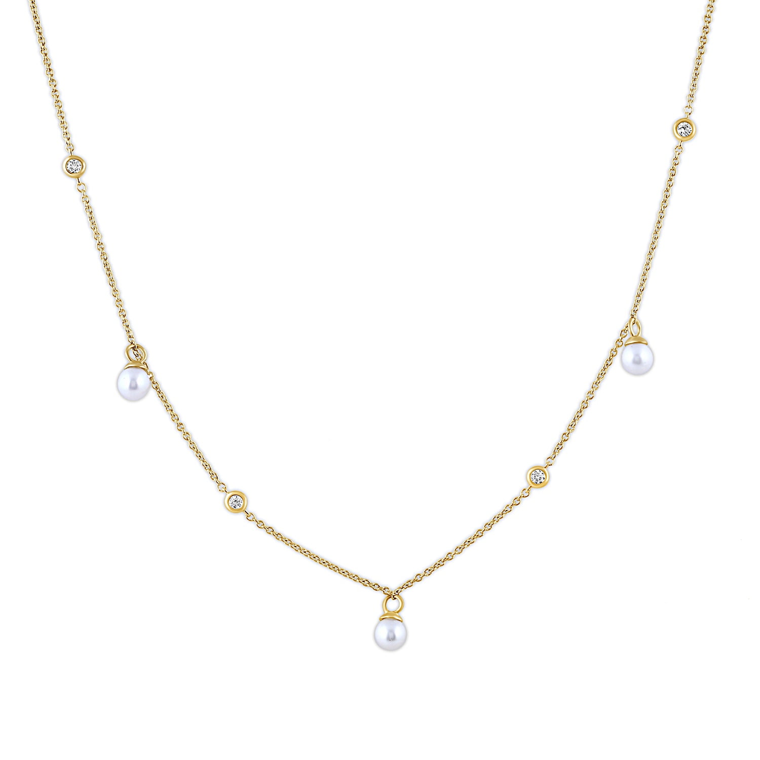 Brilliance Fine Jewelry Lab-Grown Diamond and Pearl Station Necklace in Yellow Gold-Plated Silver