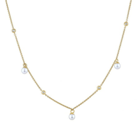 Brilliance Fine Jewelry Lab-Grown Diamond and Pearl Station Necklace in Yellow Gold-Plated Silver