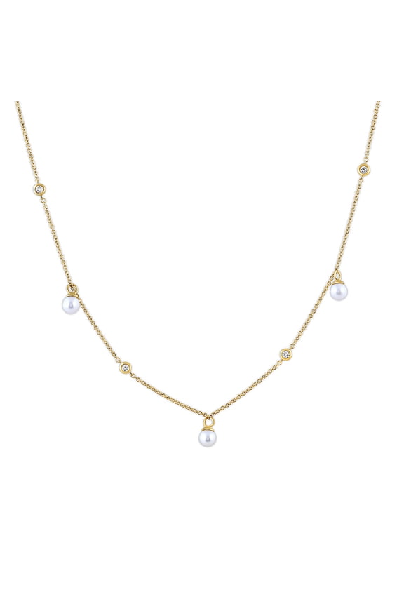 Lab-Grown Diamond and Pearl Station Necklace in Yellow Gold-Plated Silver