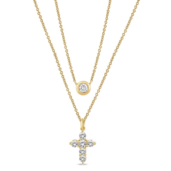 Brilliance Fine Jewelry 2-in-1 Layered Cross & Solitaire Necklace, Lab-Grown Diamonds, Yellow Gold-Plated Silver