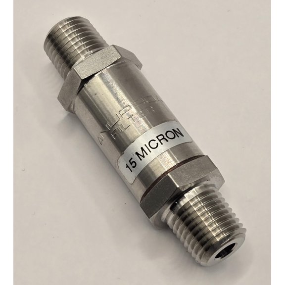 SS-4F2-15 | Swagelok Inline Filter, Inlet : 1/4" Male : NPT, Outlet : 1/4" Male : NPT, Element : 15 Micron (Sintered), Maximum Pressure : 3,000 psi, Material : 316 Stainless