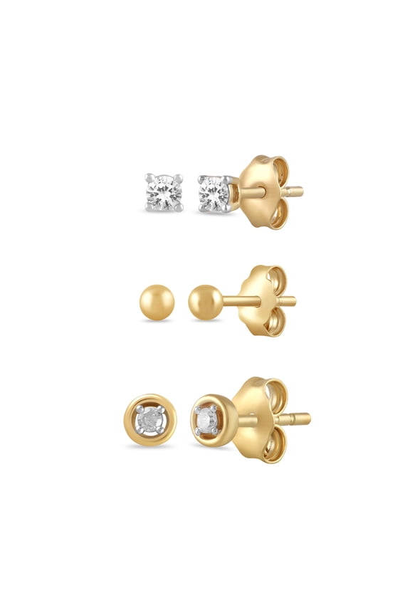 3-Pair Stud Earring Set, Lab-Grown Diamonds, Yellow Gold-Plated Silver