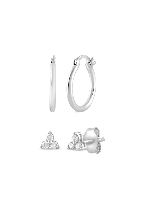 Hoop & Trio Stud Earring Set, Lab-Grown Diamonds, Sterling Silver