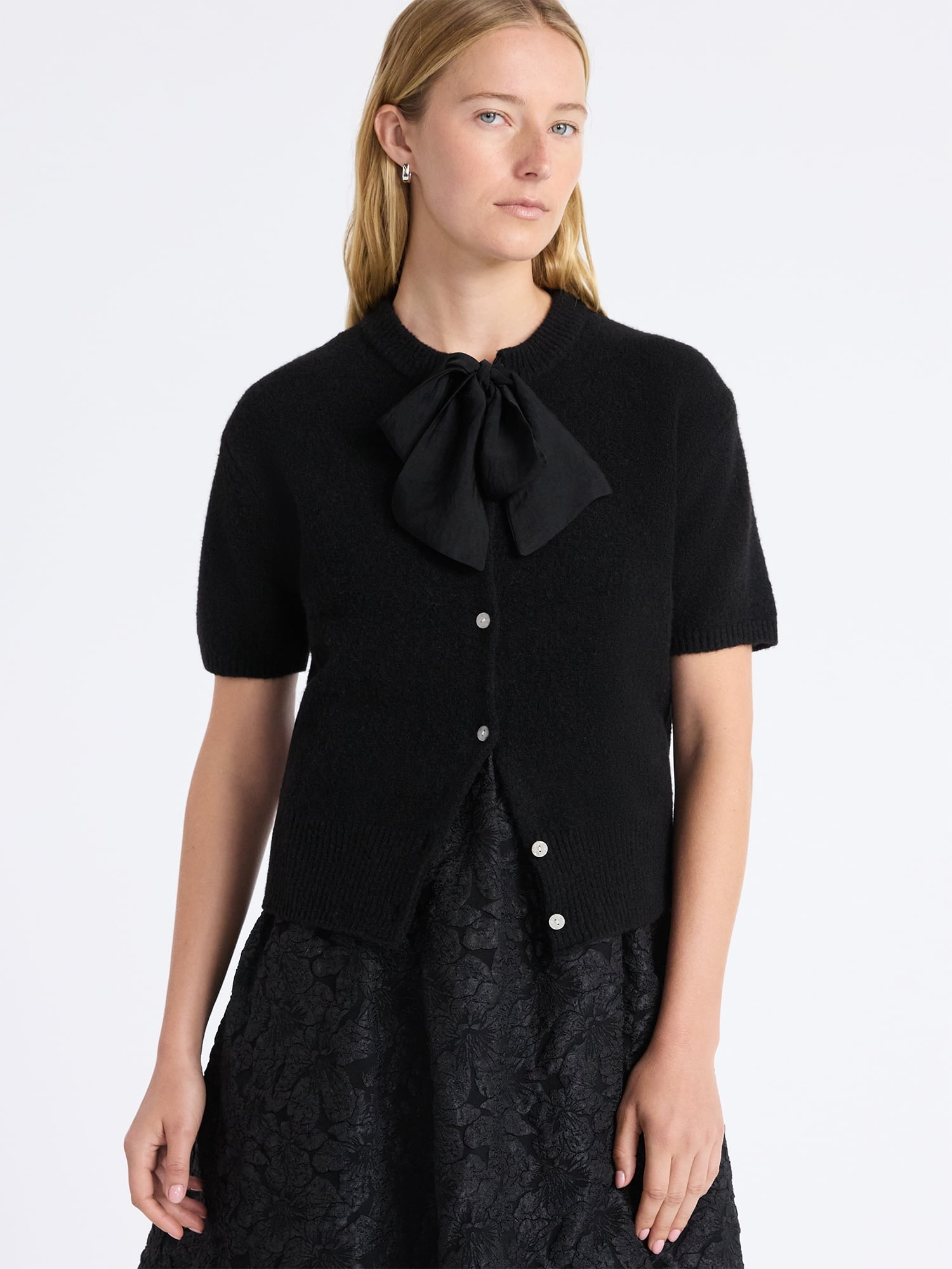 Free Assembly Women's Button-Front Bow Sweater with Short Sleeves, Midweight, Sizes XS-XXL