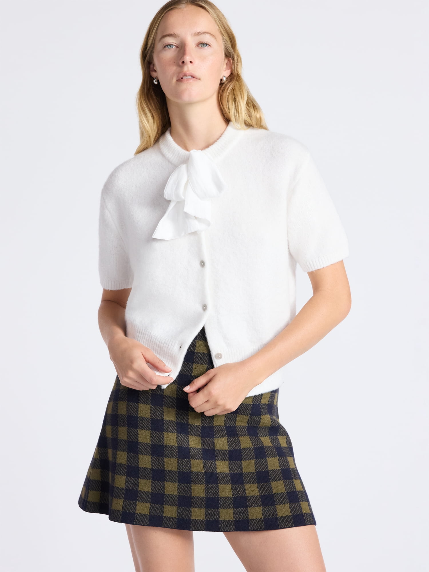 Free Assembly Women's Button-Front Bow Sweater with Short Sleeves, Midweight, Sizes XS-XXL