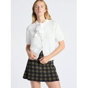 FREE ASSEMBLY Women's Button-Front Bow Sweater with Short Sleeves, Midweight, Sizes XS-XXL