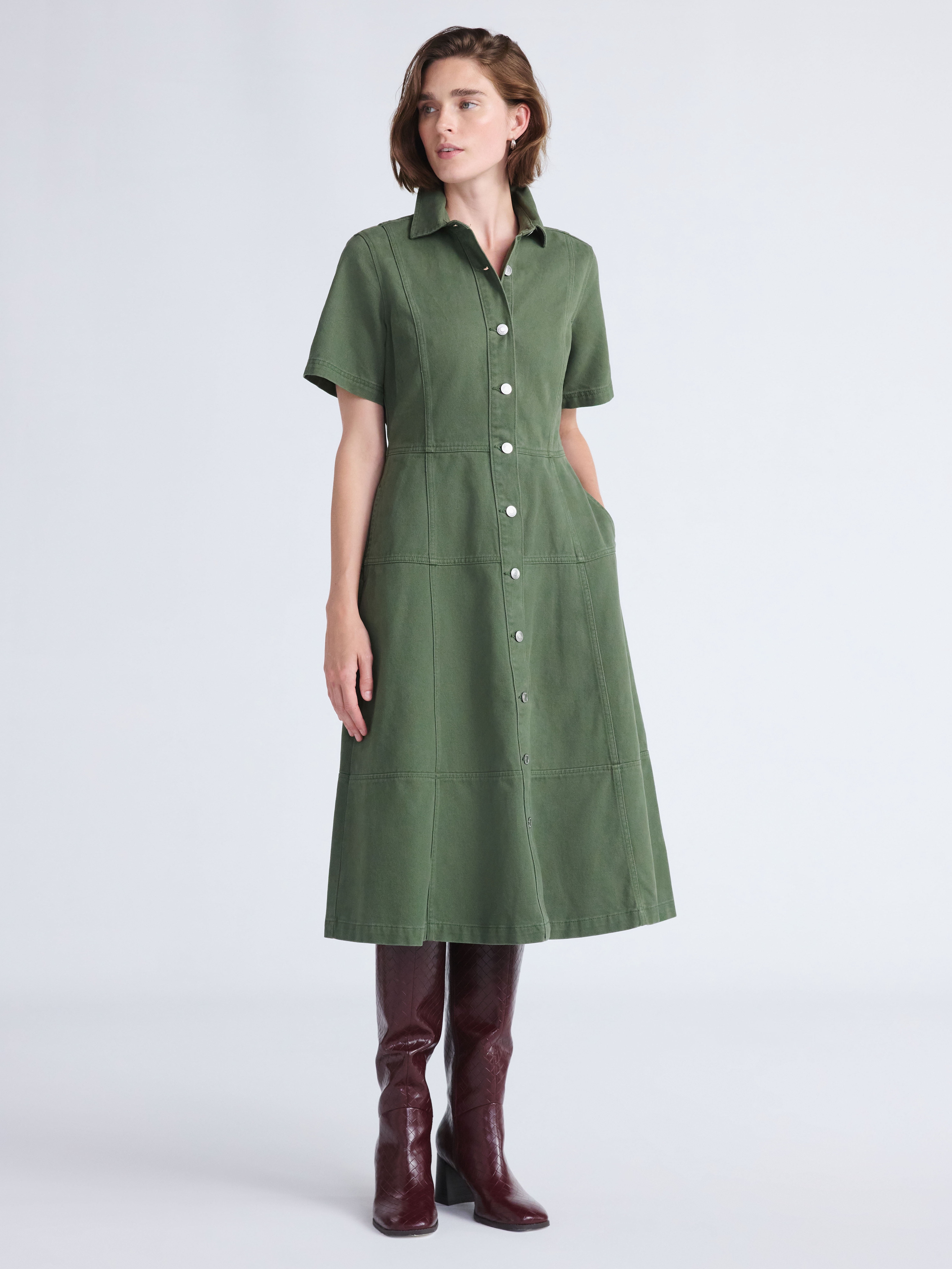 Free Assembly Women's Button Front Cotton Midi Dress with Short Sleeves, XS-XXL