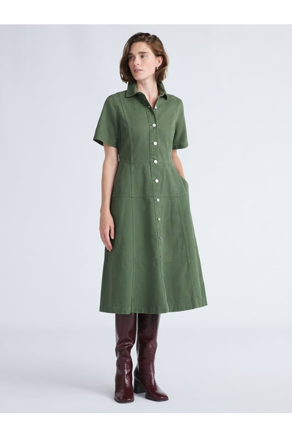 Women's Button Front Cotton Midi Dress with Short Sleeves, XS-XXL