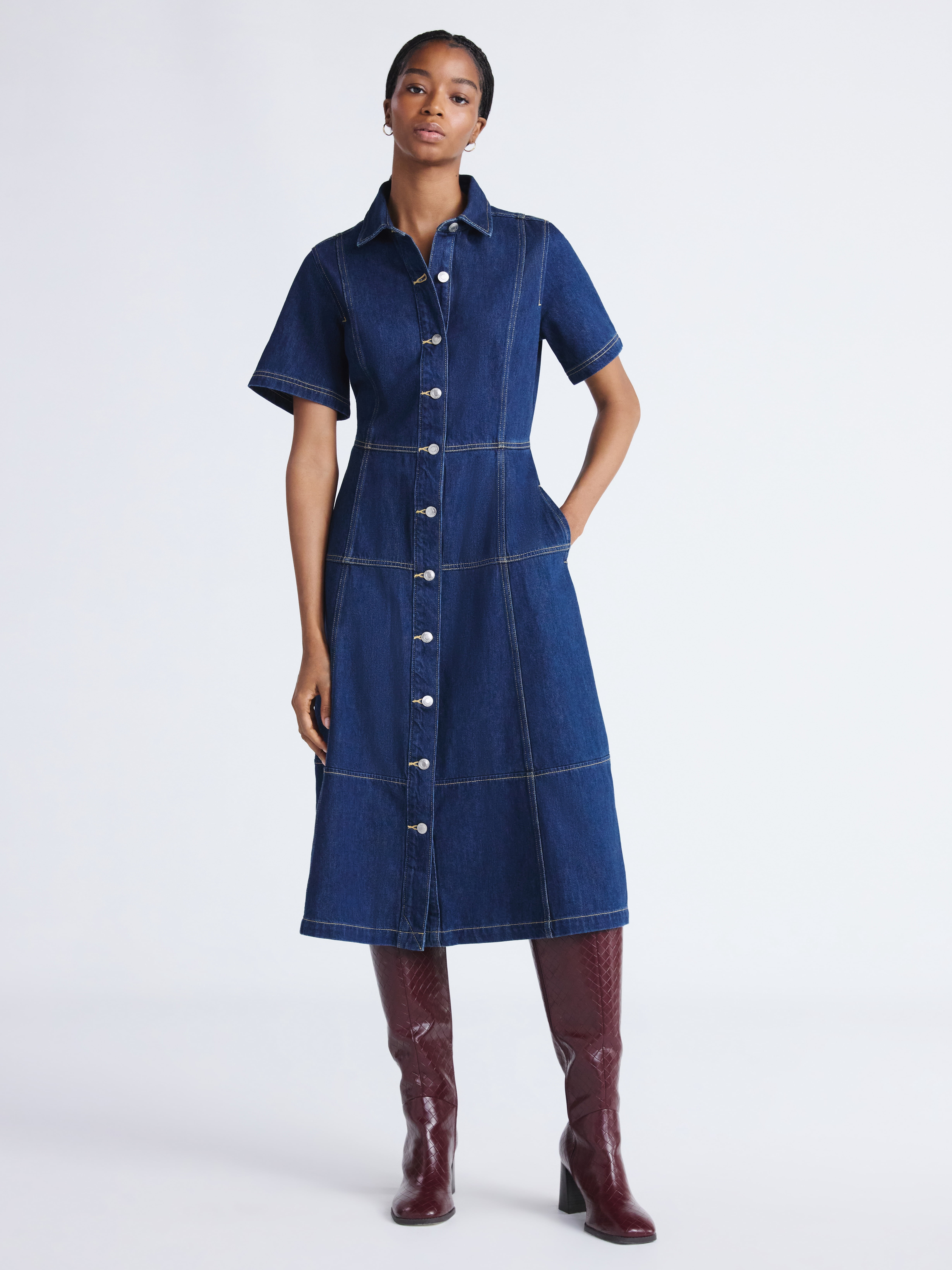 Free Assembly Women's Button Front Cotton Midi Dress with Short Sleeves, XS-XXL