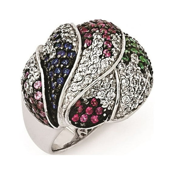 SS Black Rhodium Blue/Grn Glass Lt & Drk Synth. Ruby & CZ Ring