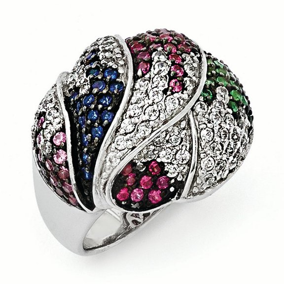 SS Black Rhodium Blue/Grn Glass Lt & Drk Synth. Ruby & Cubic Zirconia Ring