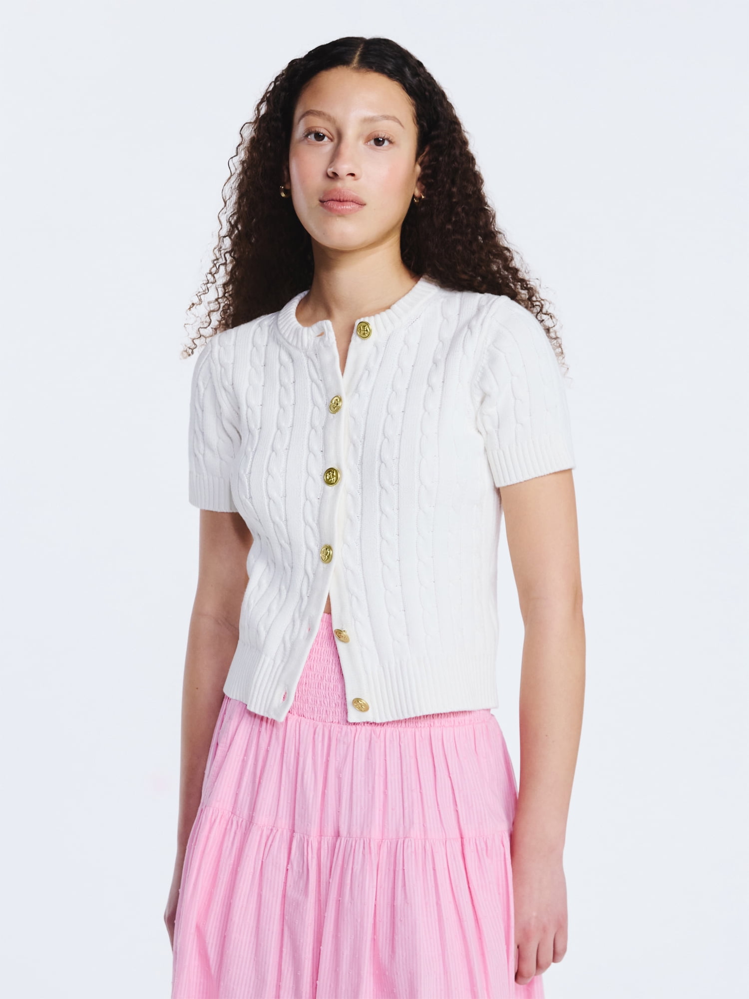 Free Assembly Women's and Women's Plus Cable Knit Cardigan Sweater with Short Sleeves, Lightweight, Sizes XS-4X
