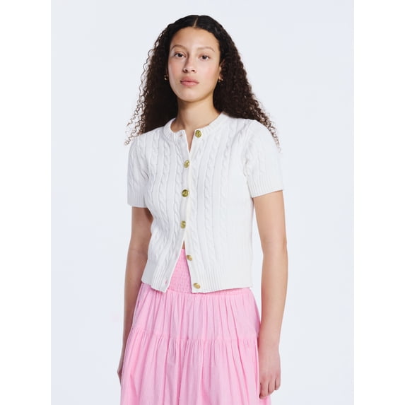 Free Assembly Women's and Women's Plus Cable Knit Cardigan Sweater with Short Sleeves, Lightweight, Sizes XS-4X