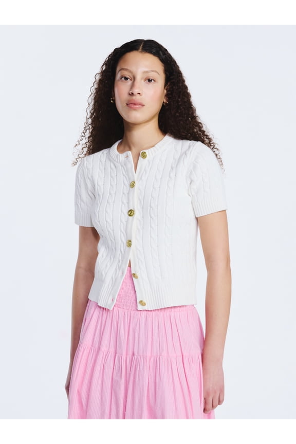 Women's and Women's Plus Cable Knit Cardigan Sweater with Short Sleeves, Lightweight, Sizes XS-4X