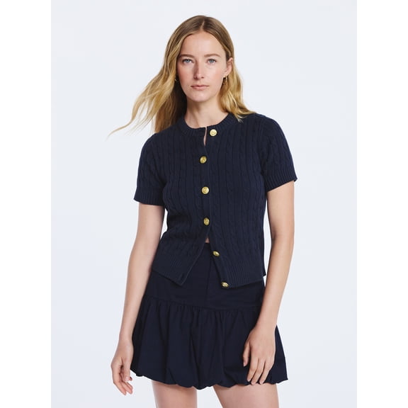 Free Assembly Women's and Women's Plus Cable Knit Cardigan Sweater with Short Sleeves, Lightweight, Sizes XS-4X