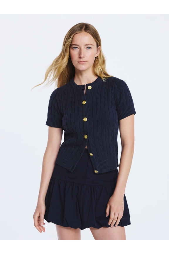 Women's and Women's Plus Cable Knit Cardigan Sweater with Short Sleeves, Lightweight, Sizes XS-4X