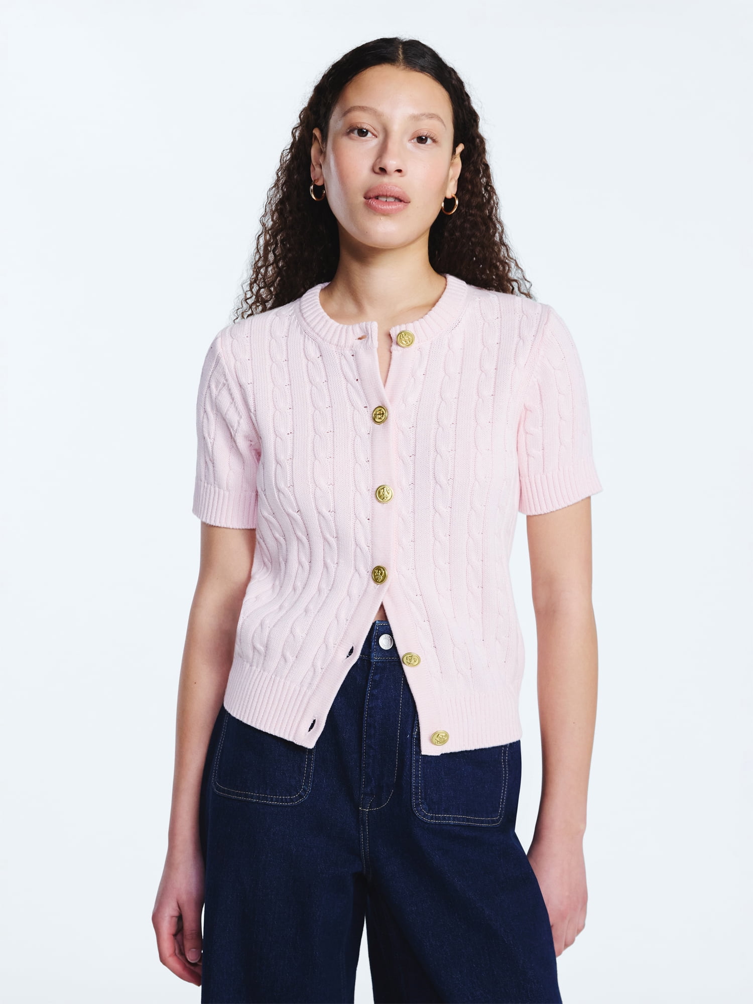 Free Assembly Women's and Women's Plus Cable Knit Cardigan Sweater with Short Sleeves, Lightweight, Sizes XS-4X