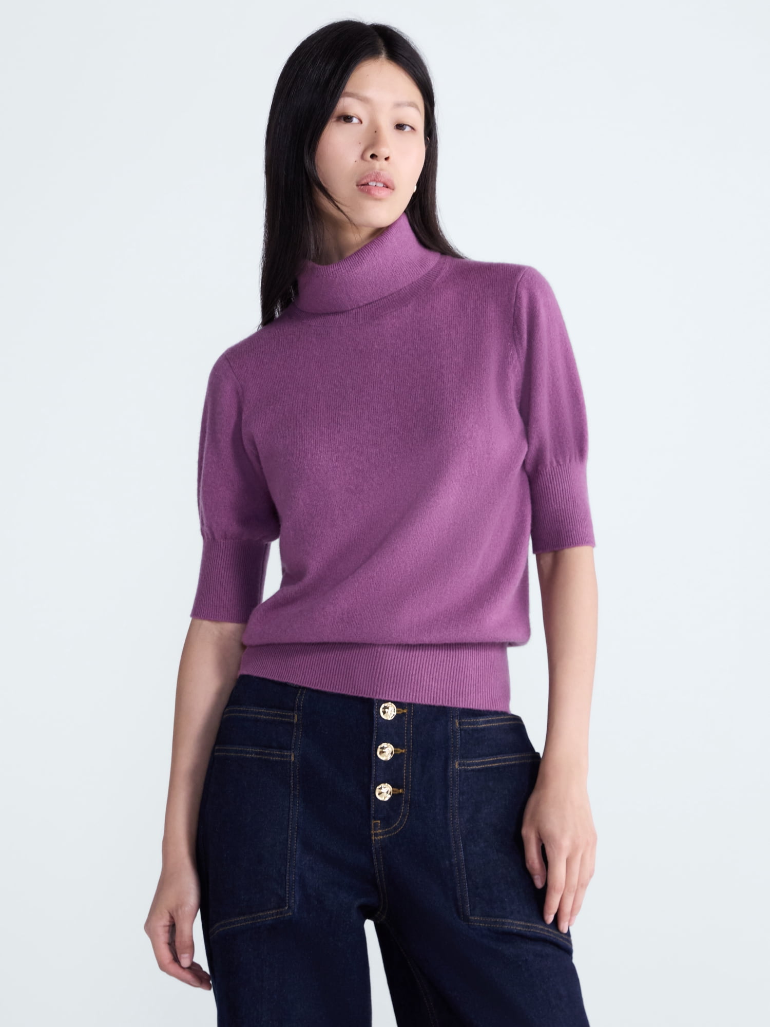 Scoop Women’s and Women’s Plus Cashmere Turtleneck Sweater with Elbow Length Sleeves, Lightweight, XXS-4X