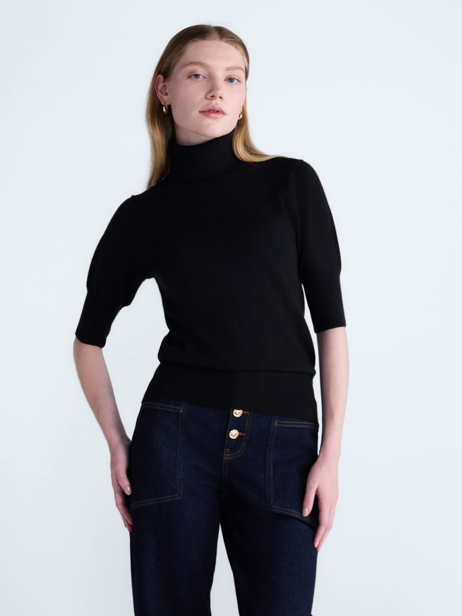 Scoop Women’s and Women’s Plus Cashmere Turtleneck Sweater with Elbow Length Sleeves, Lightweight, XXS-4X