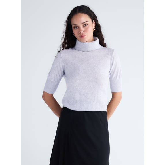 Scoop Women’s and Women’s Plus Cashmere Turtleneck Sweater with Elbow Length Sleeves, Lightweight, XXS-4X