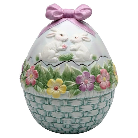 SS-CG-10279 7.38" Ceramic Egg Shaped Cookie Jar with Flowers and Rabbits