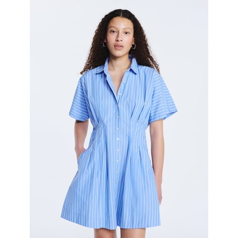 Women's Cotton Corset Mini Shirtdress with Short Sleeves, Sizes XS-XXL