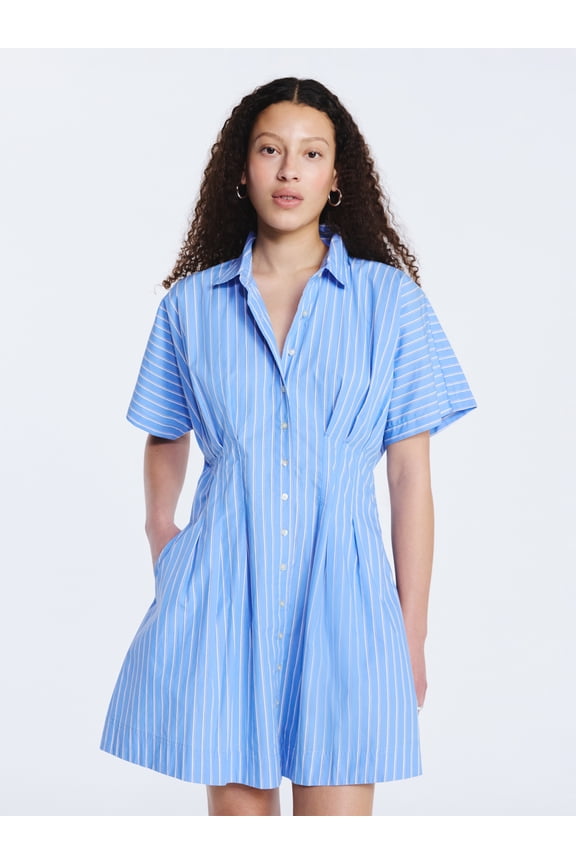 Women's Cotton Corset Mini Shirtdress with Short Sleeves, Sizes XS-XXL