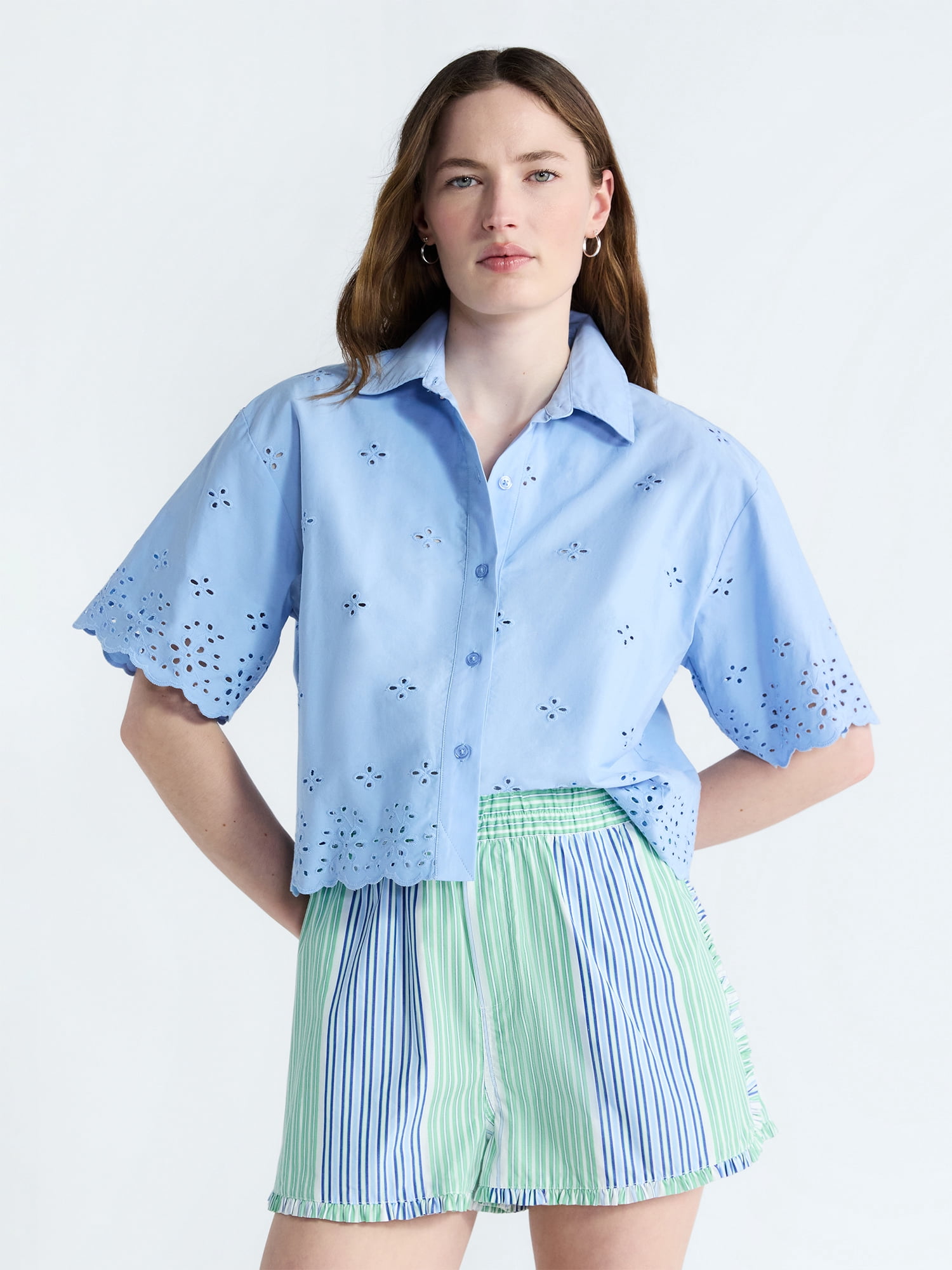 Free Assembly Women's and Women's Plus Cropped Cotton Eyelet Shirt, Sizes XS-4X