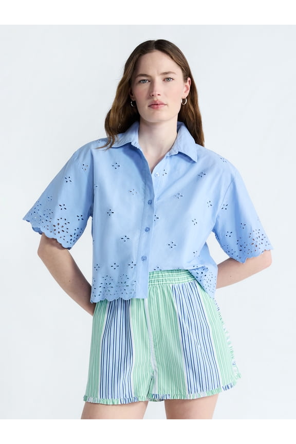 Women's and Women's Plus Cropped Cotton Eyelet Shirt, Sizes XS-4X