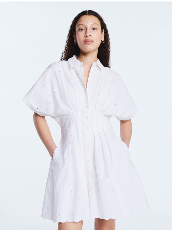 Women's and Women's Plus Cotton Eyelet Corset Mini Shirtdress, Sizes XS-4X