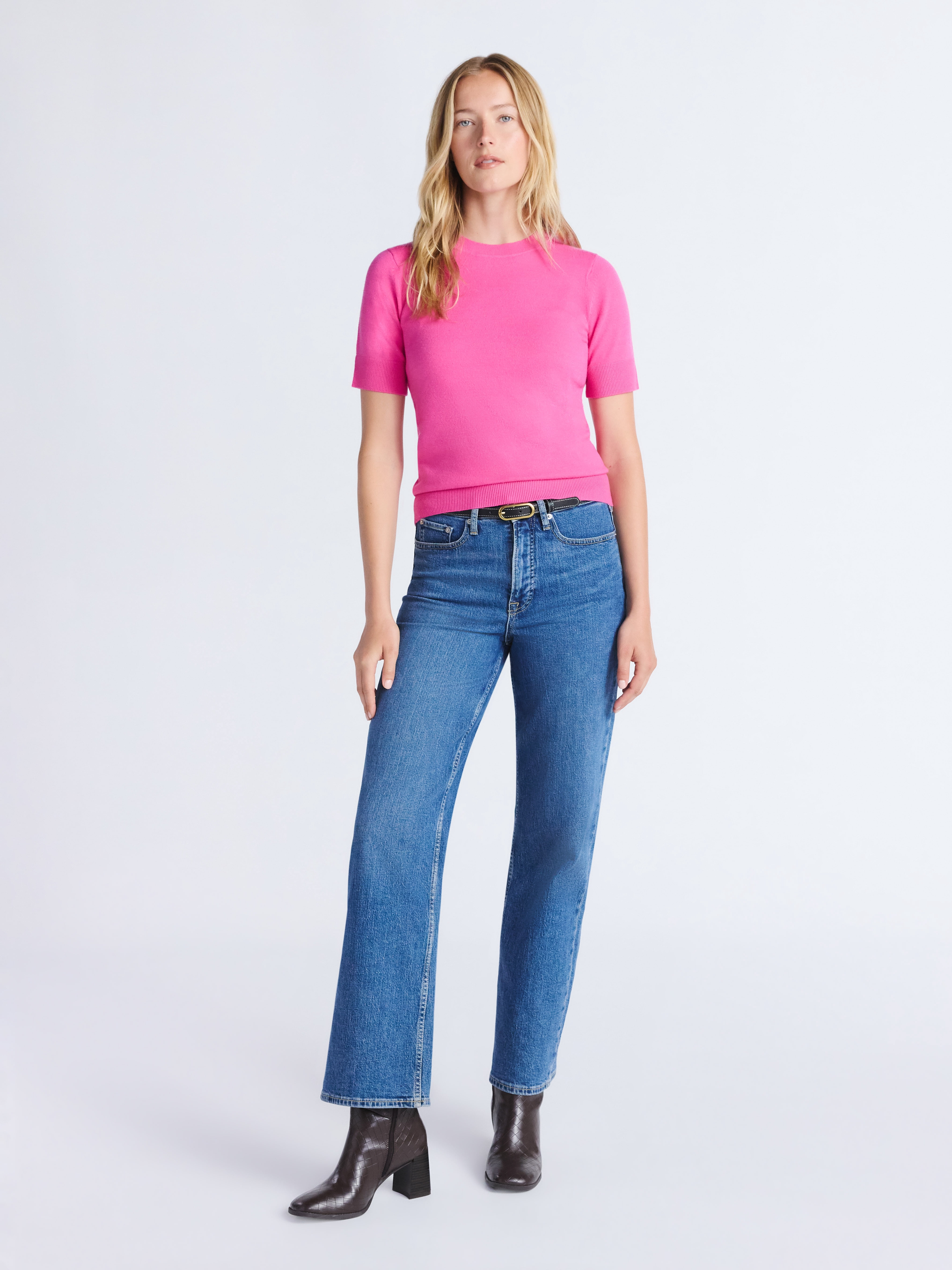 Women's and Women's Plus Cozy Yarn Shrunken Sweater Tee with Short Sleeves, Lightweight, Sizes XS-4X