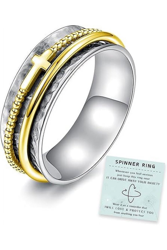 - 925 Cross Fidget Ring for Women – Wide Hammered Spinner Band Ring, Anxiety Relief Spinning Ring Minimalist Jewelry Ring with