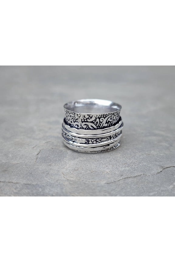 Sterling Silver Spinner Ring – Handmade Textured 925 Silver Band Boho Style Vintage Meditation Jewelry Unisex