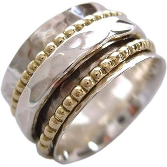 SS DESIGNS 925 Sterling Silver Fidget Ring for Women – Elegant Anxiety Relief Spinner Ring, Brass & Silver Spinners on Hammered Band, Statement Comfort Jewelry