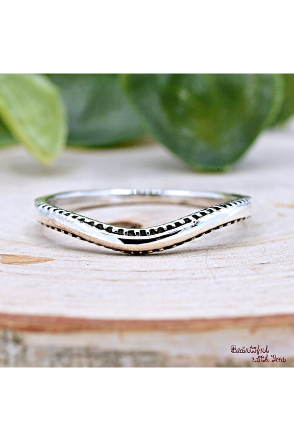 925 Sterling Silver Ring - Bali Style Wishbone Chevron Pattern Thumb Ring, Stackable Minimalist Silver Band for Women