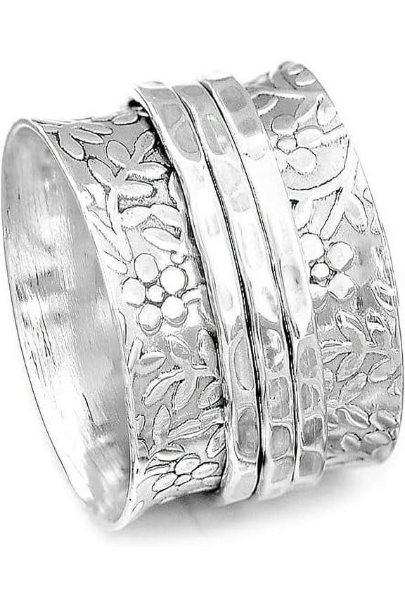 925 Sterling Silver Spinner Flowers Ring for Women Fidget Anxiety Relief Ring Band