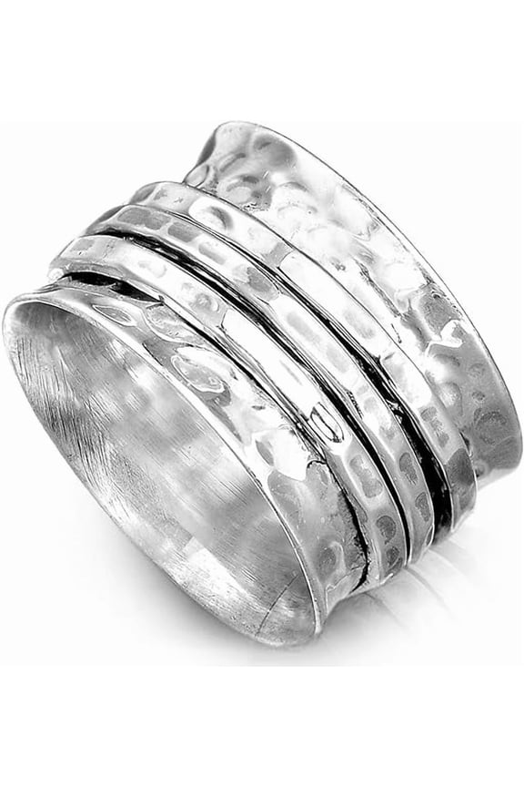 925 Sterling Silver Spinner Ring for Women 3 Fidget Rings Band Wide Hammered