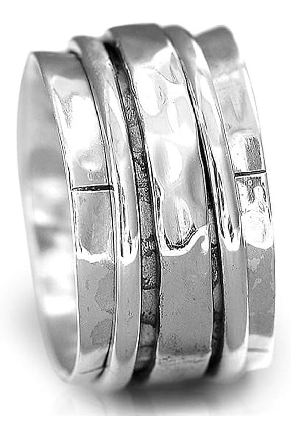 925 Sterling Silver Spinner Ring for Women Hammered Wide Fidget Ring Band